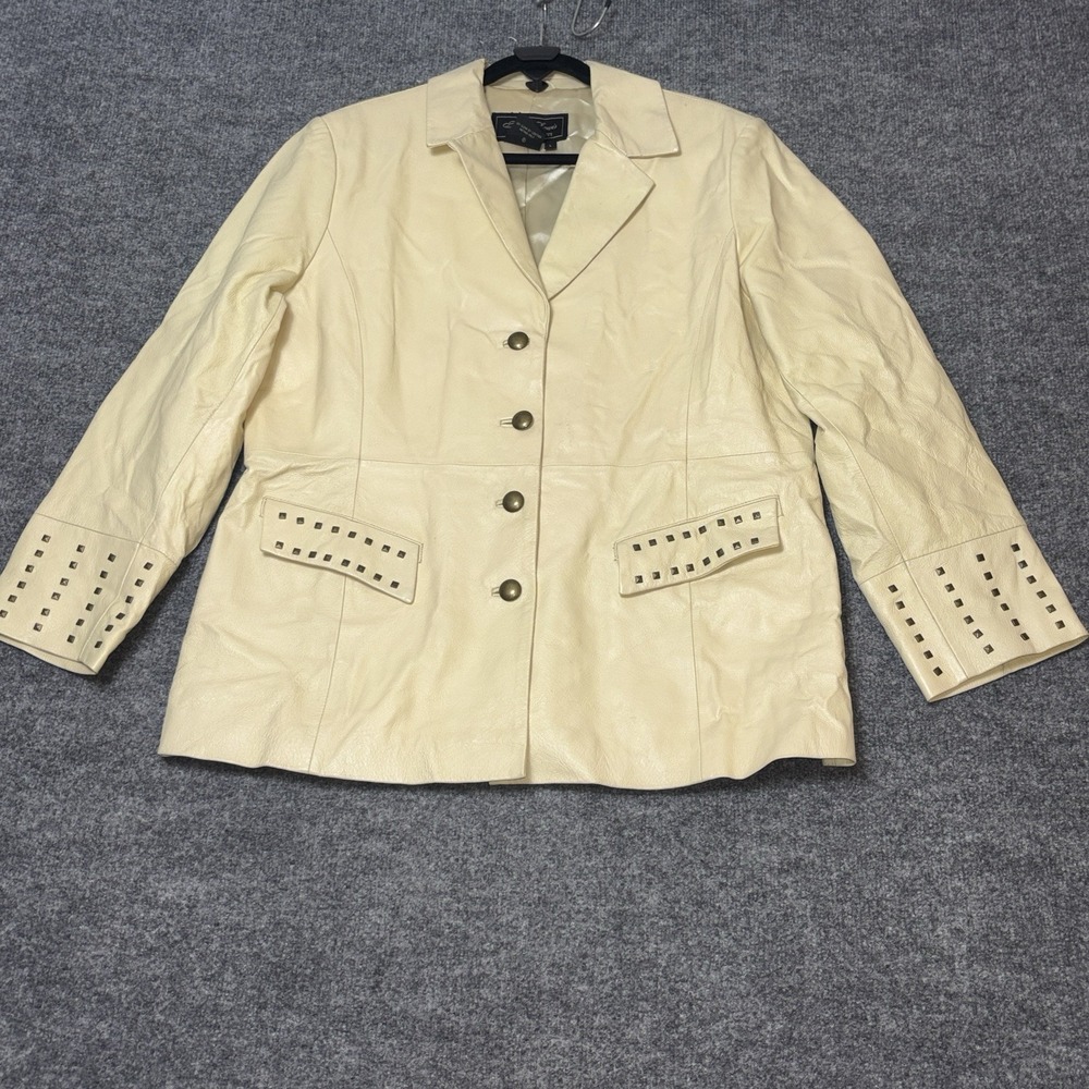 Terry Lewis Blazer Womens Large White Leather Studded Cuff Pockets Lined Jacket